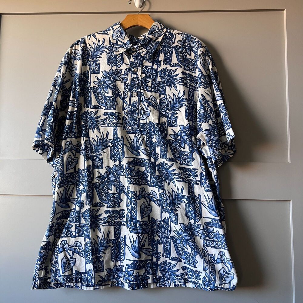 Blue Paradise Hawaiian‎ Aloha Shirt Mens XXL Blue Floral Tropical Button Up